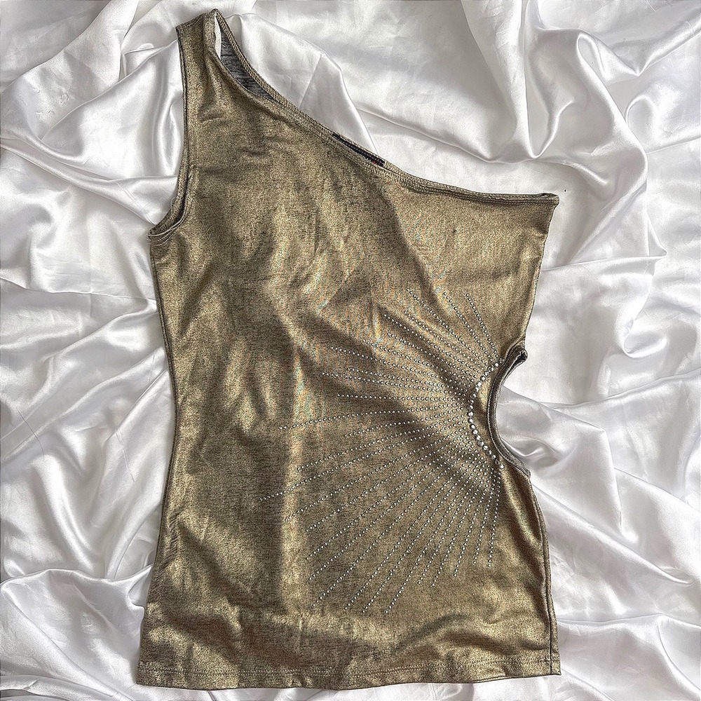 Body Central Gold Metallic One Shoulder Rhinestone Cutout Top Y2K Large